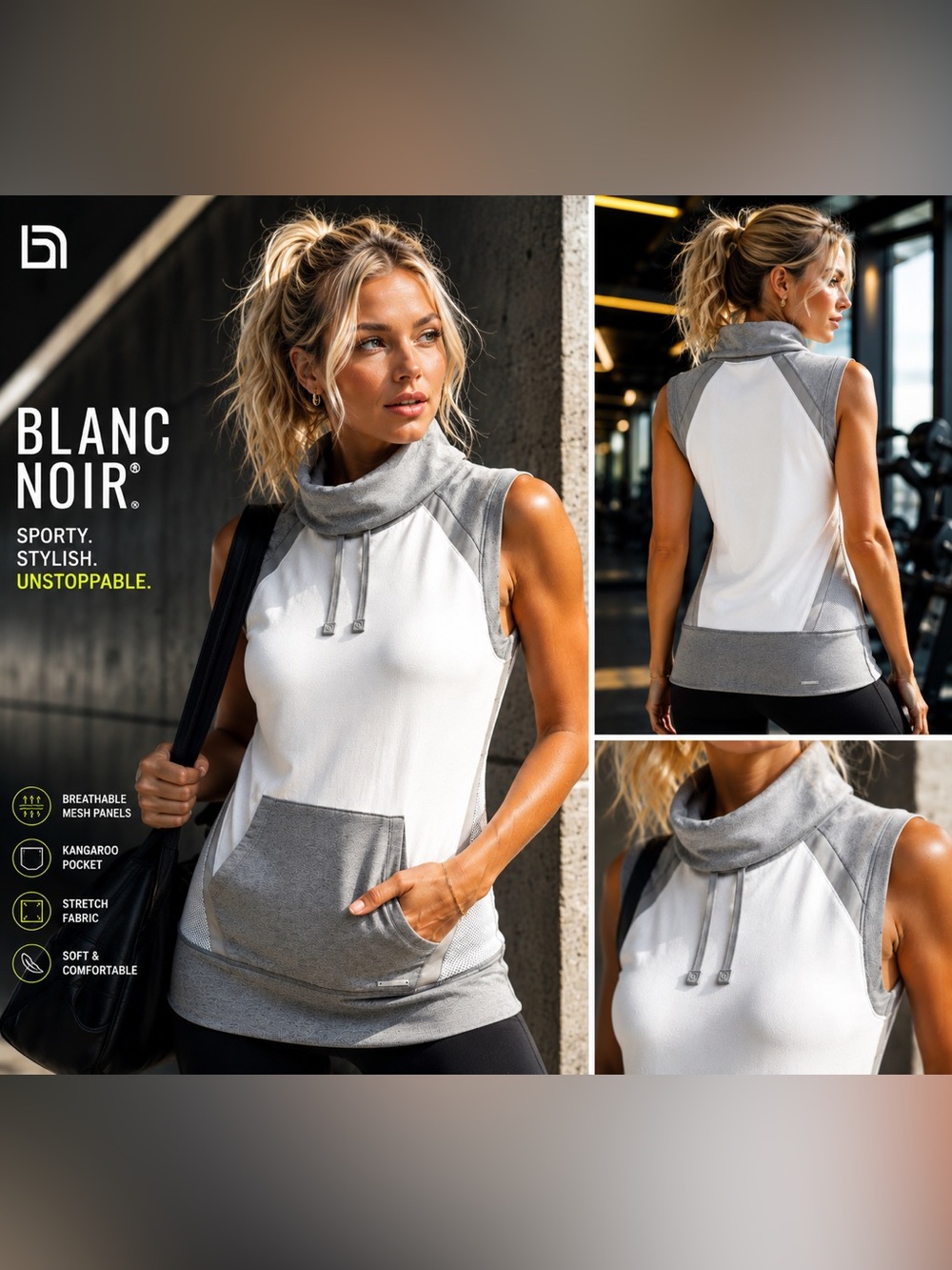 blanc noir White and Gray Sleeveless Cowl Neck Athletic Tank